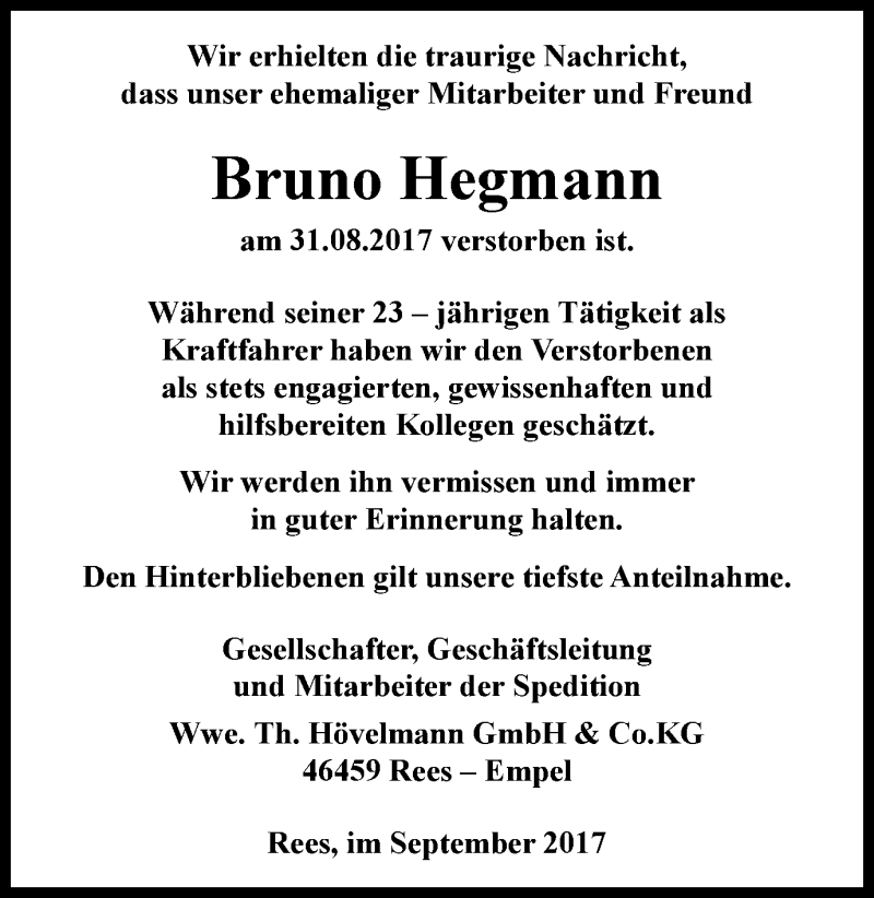  Traueranzeige für Bruno Hegmann vom 06.09.2017 aus Stadtanzeiger Emmerich/Rees/Isselburg + Klever Wochenblatt