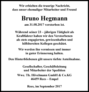 Traueranzeige von Bruno Hegmann von Stadtanzeiger Emmerich/Rees/Isselburg + Klever Wochenblatt