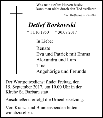 Traueranzeige von Detlef Borkowski von Wochen-Anzeiger Oberhausen