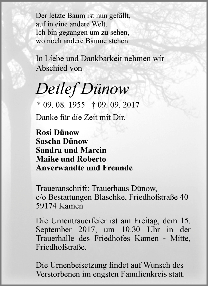  Traueranzeige für Detlef Dünow vom 13.09.2017 aus Stadtspiegel Kamen + Unna