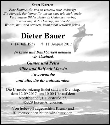Traueranzeige von Dieter Bauer von Nord Anzeiger Essen