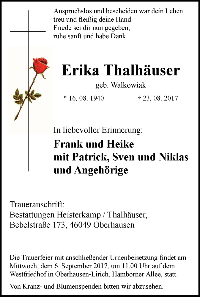  Traueranzeige für Erika Thalhäuser vom 02.09.2017 aus Wochen-Anzeiger Duisburg