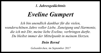 Traueranzeige von Eveline Gumpert von Stadtspiegel Gelsenkirchen