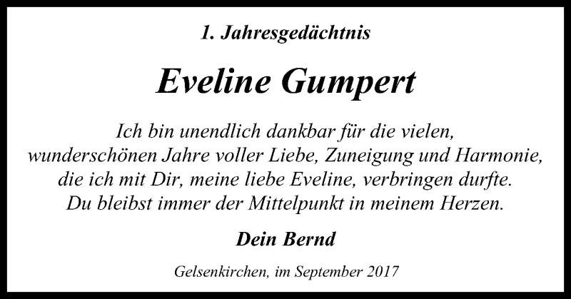  Traueranzeige für Eveline Gumpert vom 27.09.2017 aus Stadtspiegel Gelsenkirchen