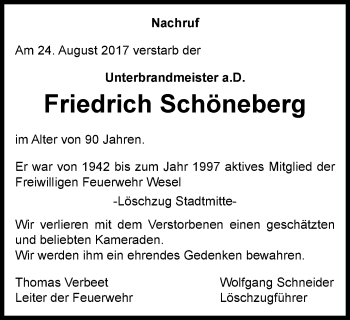 Traueranzeige von Friedrich Schöneberg von Der Weseler + Der Xantener
