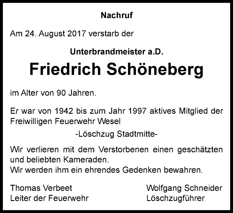  Traueranzeige für Friedrich Schöneberg vom 06.09.2017 aus Der Weseler + Der Xantener