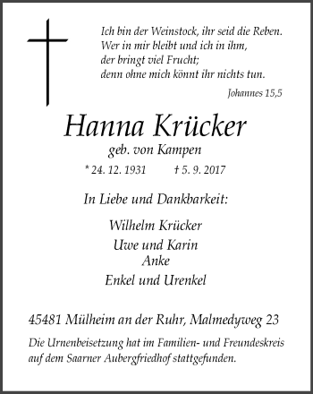 Traueranzeige von Hanna Krücker von Mülheimer Woche