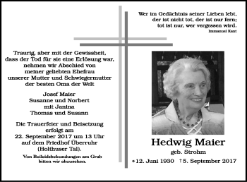 Traueranzeige von Hedwig Maier von Ruhr Kurier