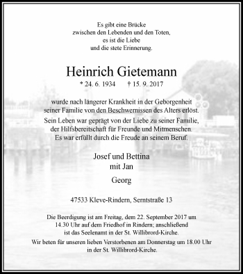 Traueranzeige von Heinrich Gietemann von Klever Wochenblatt