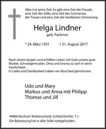Traueranzeige von Helga Lindner von Stadtspiegel Wattenscheid