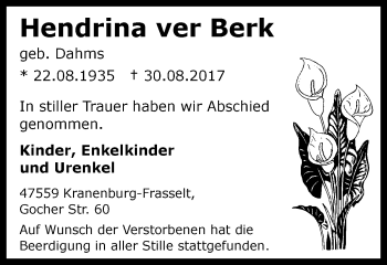 Traueranzeige von Hendrina ver Berk von Klever Wochenblatt