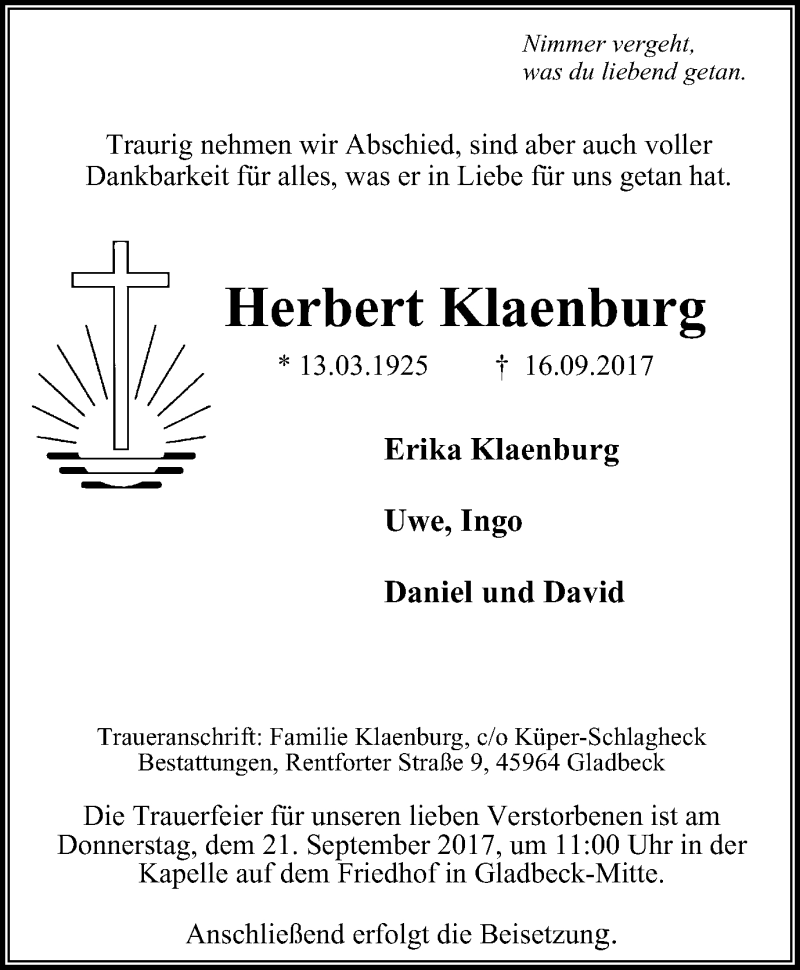  Traueranzeige für Herbert Klaenburg vom 20.09.2017 aus Stadtspiegel Gladbeck