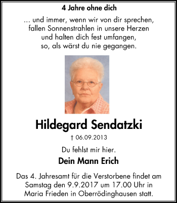 Traueranzeige von Hildegard Sendatzki von Stadtspiegel Menden + Froendenberg