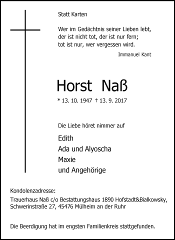 Traueranzeige von Horst Naß von Mülheimer Woche