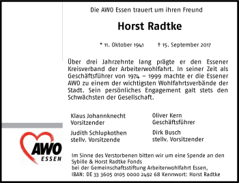 Traueranzeige von Horst Radtke von Stadtspiegel Essen