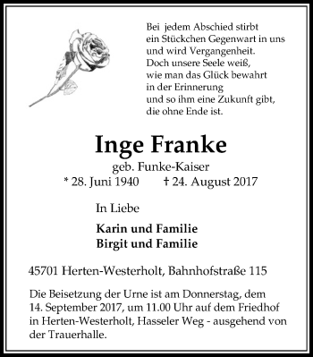 Traueranzeige von Inge Franke von Stadtspiegel Herten