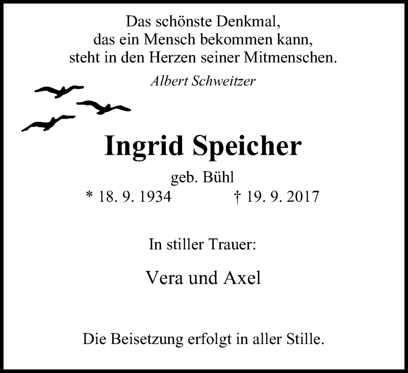  Traueranzeige für Ingrid Speicher vom 23.09.2017 aus Wochen-Anzeiger Oberhausen