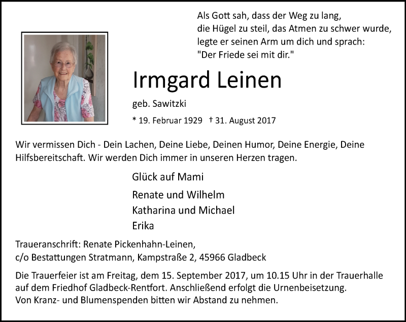  Traueranzeige für Irmgard Leinen vom 09.09.2017 aus Stadtspiegel Gladbeck