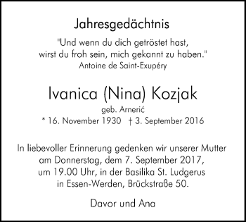 Traueranzeige von Ivanica Nina Kozjak von Werden Kurier