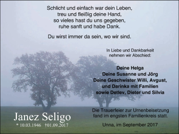 Traueranzeige von Janez Seligo von Stadtspiegel Kamen + Unna