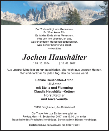 Traueranzeige von Jochen Haushälter von Stadtspiegel Kamen + Unna