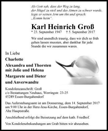 Traueranzeige von Karl Heinrich Groß von Ruhr Kurier
