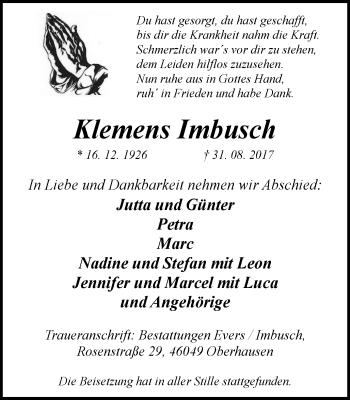 Traueranzeige von Klemens Imbusch von Wochen-Anzeiger Oberhausen