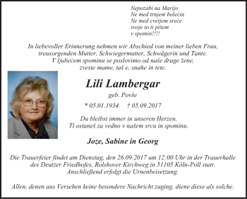 Traueranzeige von Lili Lambergar von Wochen-Anzeiger Oberhausen