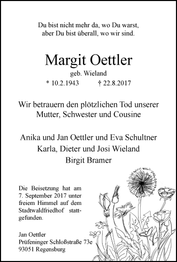 Traueranzeige von Margit Oettler von Kettwig Kurier