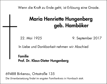 Traueranzeige von Maria Henriette Hungenberg von West Anzeiger Essen