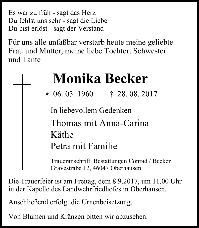  Traueranzeige für Monika Becker vom 02.09.2017 aus Wochen-Anzeiger Oberhausen