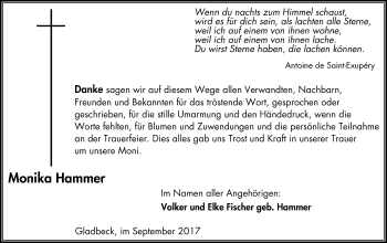 Traueranzeige von Monika Hammer von Stadtspiegel Gelsenkirchen