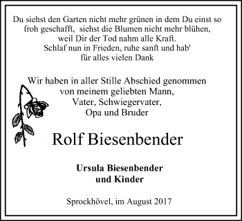 Traueranzeige von Rolf Biesenbender von wap Schwelm/Gevelsberg/Ennepetal