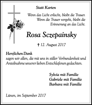 Traueranzeige von Rosa Sczepainsky von Lüner Anzeiger