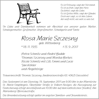 Traueranzeige von Rosa Marie Szczesny von Stadtanzeiger Velbert + Heiligenhaus