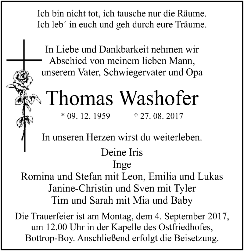 Traueranzeige für Thomas Washofer vom 02.09.2017 aus Stadtspiegel Bottrop