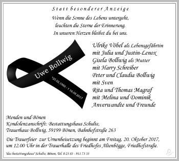 Traueranzeige von Uwe Bollwig von Stadtspiegel Menden+Fröndenberg+Iserlohn/Hemer