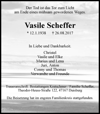 Traueranzeige von Vasile Scheffer von Wochen-Anzeiger Oberhausen