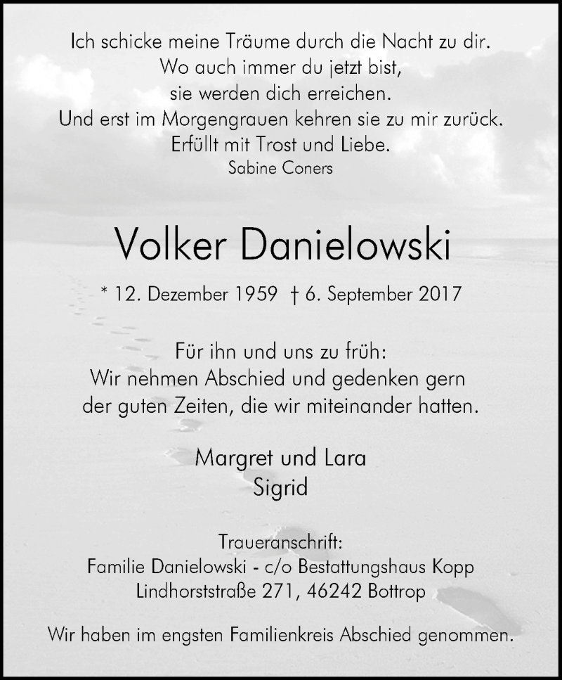  Traueranzeige für Volker Danielowski vom 16.09.2017 aus Stadtspiegel Bottrop