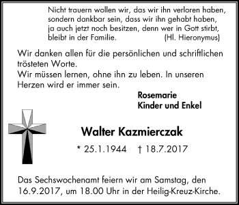 Traueranzeige von Walter Kazmierczak von Stadtspiegel Gladbeck