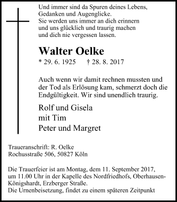 Traueranzeige von Walter Oelke von Wochen-Anzeiger Oberhausen