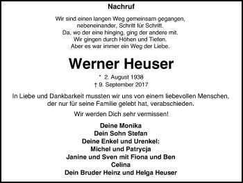 Traueranzeigen von Werner Heuser | Trauer-in-NRW.de