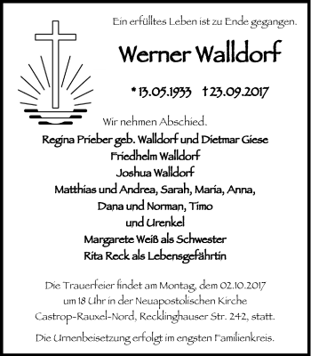 Traueranzeige von Werner Walldorf von Stadtanz.Castrop-Rauxel
