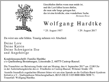 Traueranzeige von Wolfgang Hardtke von Stadtanz.Castrop-Rauxel