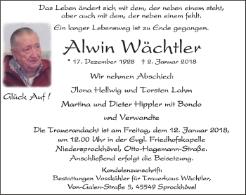 Traueranzeige von Alwin Wächtler von Stadtspiegel Hattingen/Niedersprockhövel