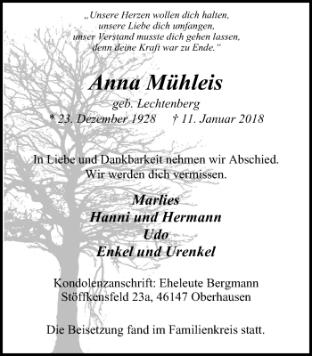 Traueranzeige von Anna Mühleis von Wochen-Anzeiger Oberhausen