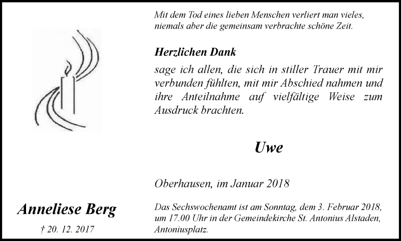  Traueranzeige für Anneliese Berg vom 27.01.2018 aus Wochen-Anzeiger Oberhausen