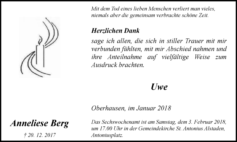  Traueranzeige für Anneliese Berg vom 31.01.2018 aus Wochen-Anzeiger Oberhausen