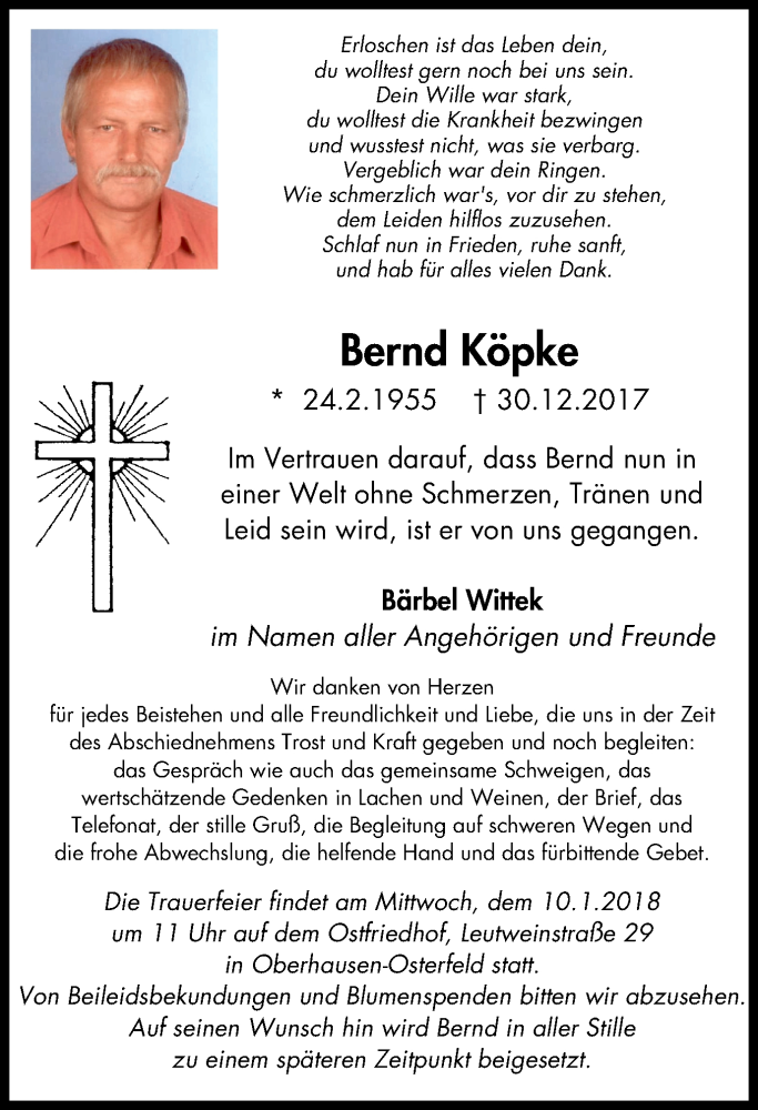  Traueranzeige für Bernd Köpke vom 06.01.2018 aus Wochen-Anzeiger Oberhausen