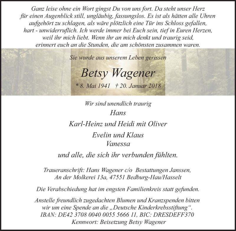  Traueranzeige für Betsy Wagener vom 27.01.2018 aus Klever Wochenblatt